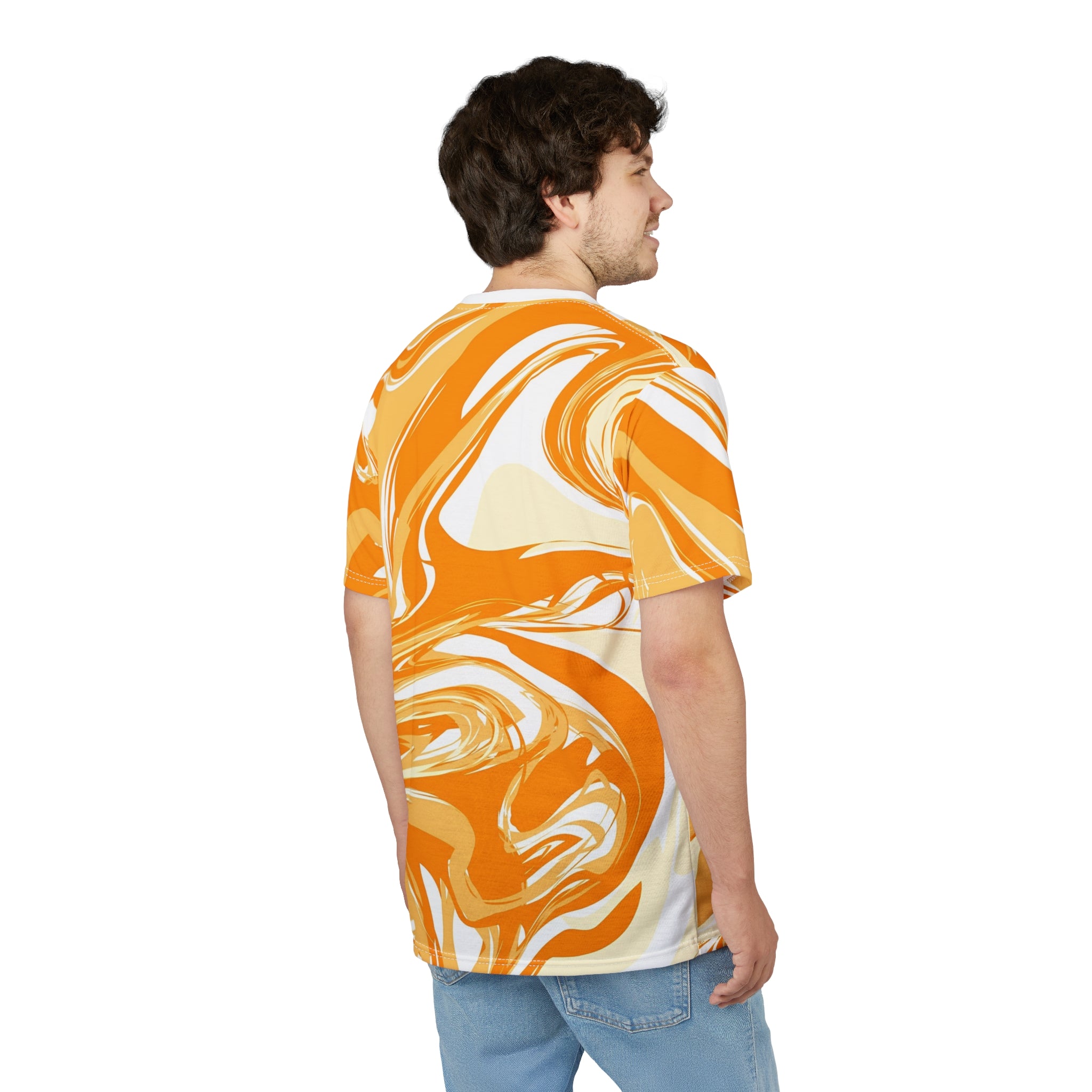 Person wearing a marbled orange and white t-shirt on a white background UniTeeHub