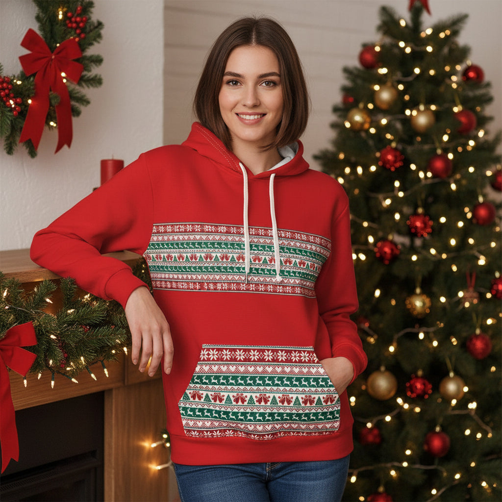 Red hoodie with green and white pattern on a white background