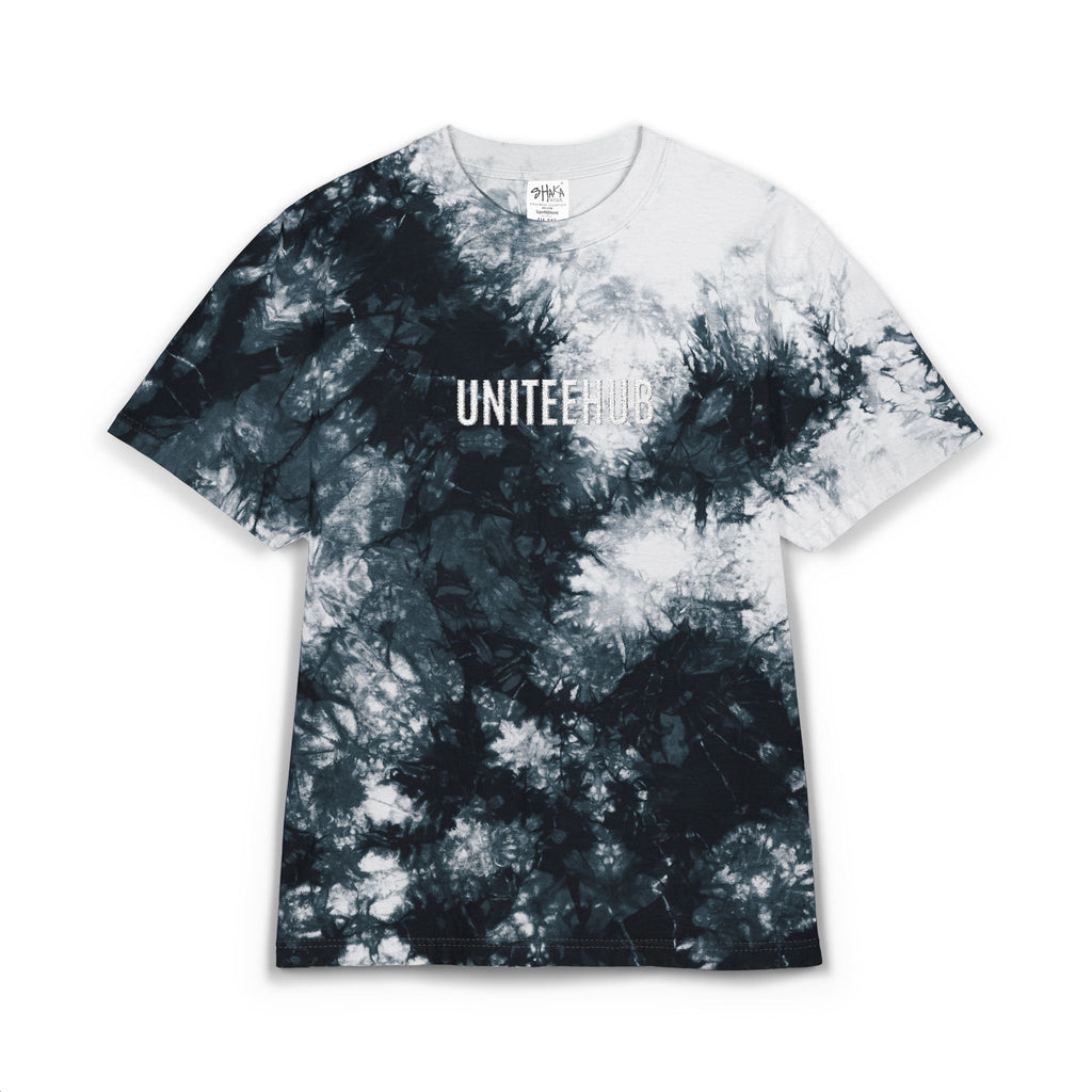 Tie-dye t-shirt with 'UNITEE' branding on a white background
