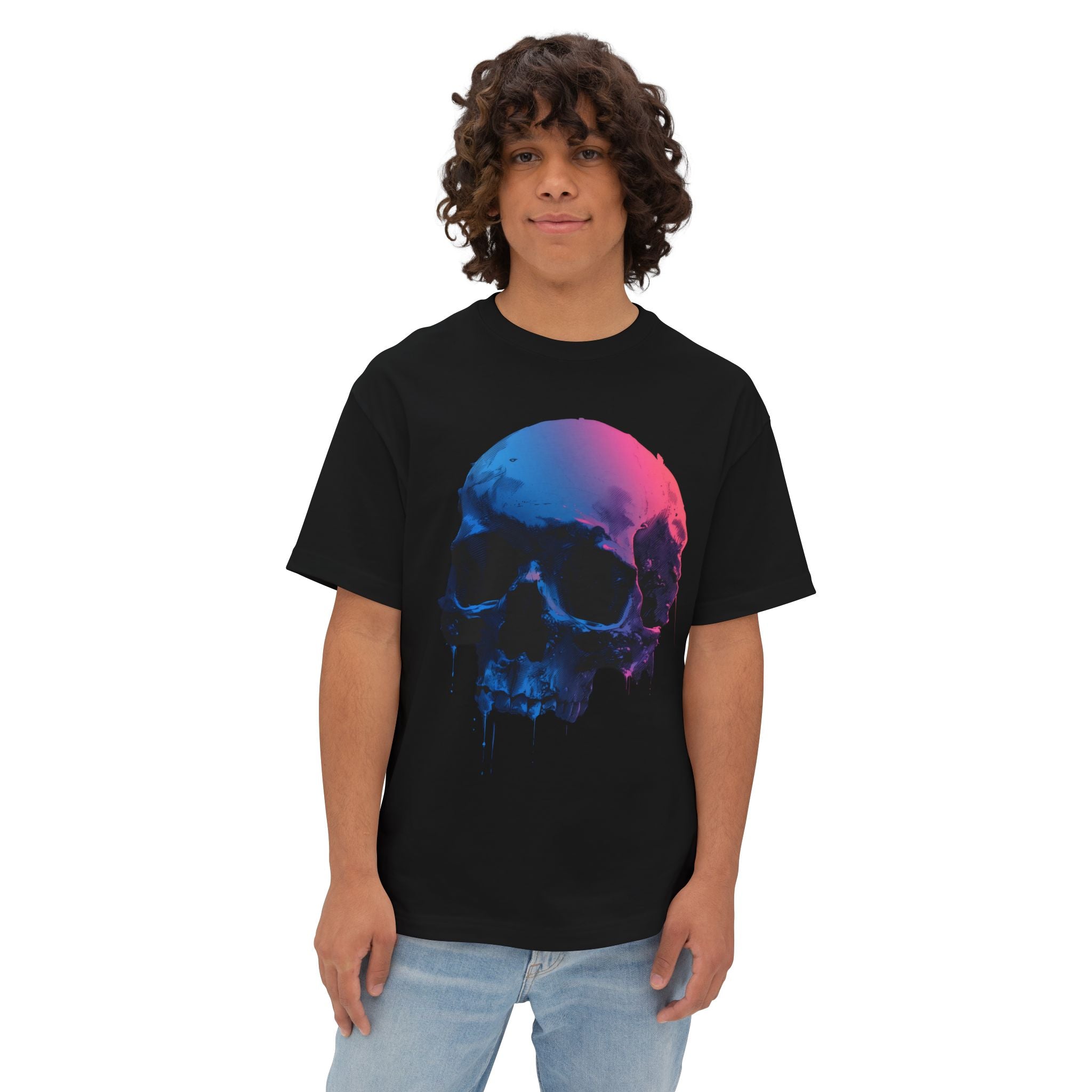 Person wearing a black t-shirt with a colorful skull design on a white background UniTeeHub