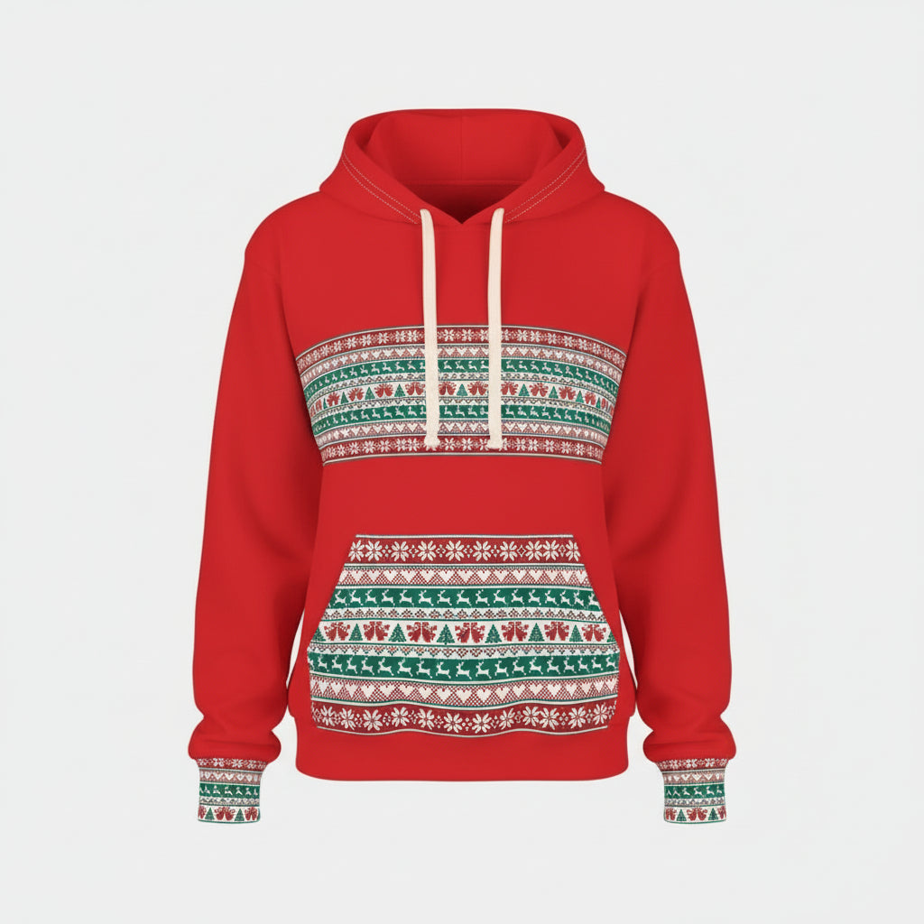 Person wearing a red hoodie with a patterned front on a white background