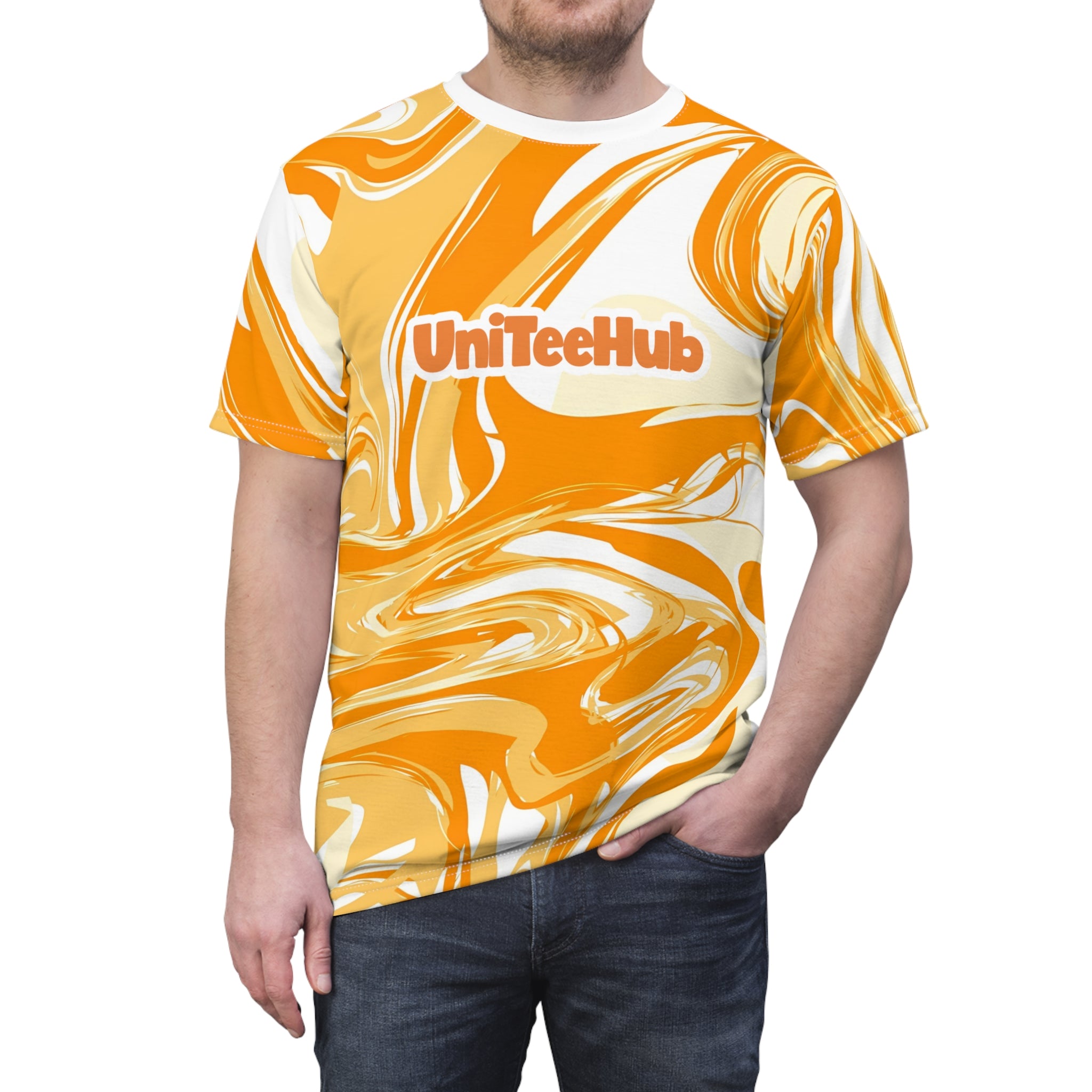 Person wearing a marbled orange and white t-shirt with 'UniTeeHub' logo.