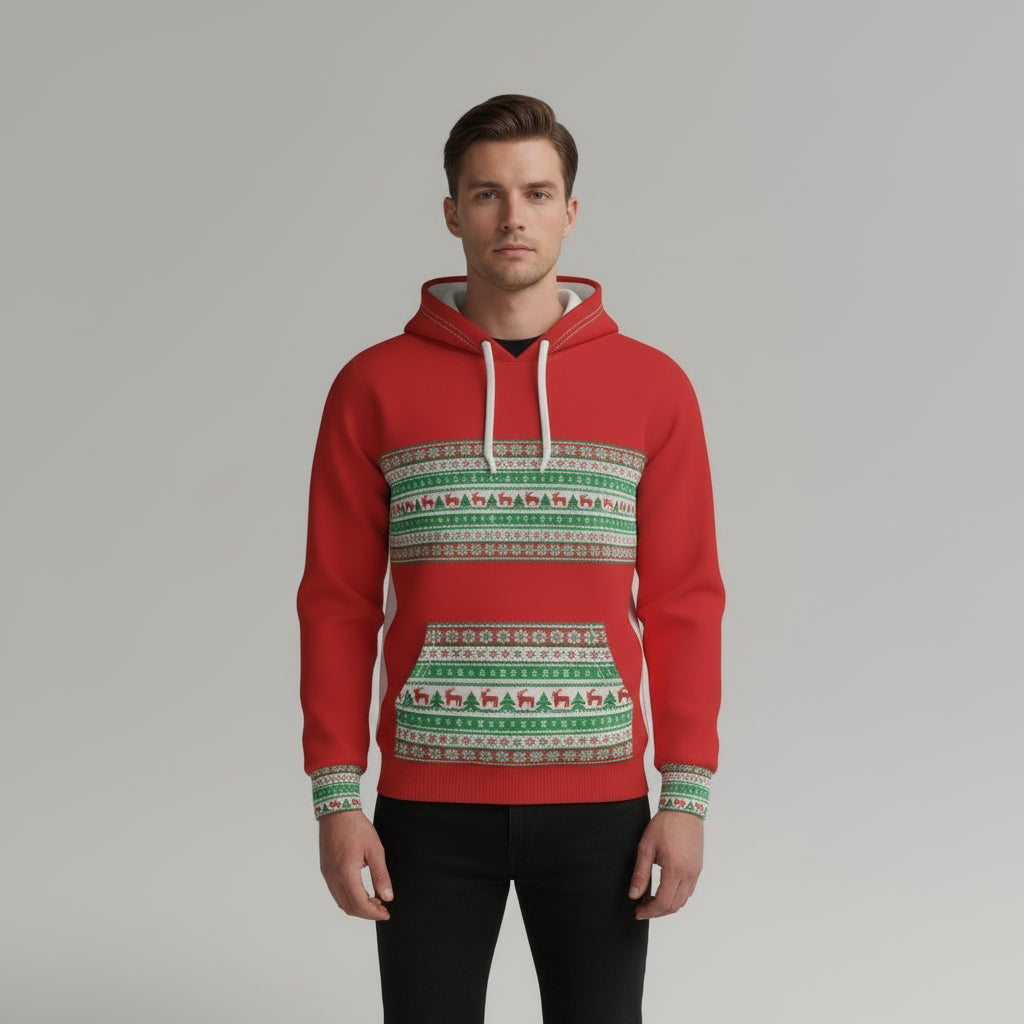 Red hoodie with a patterned front worn by a person on a white background