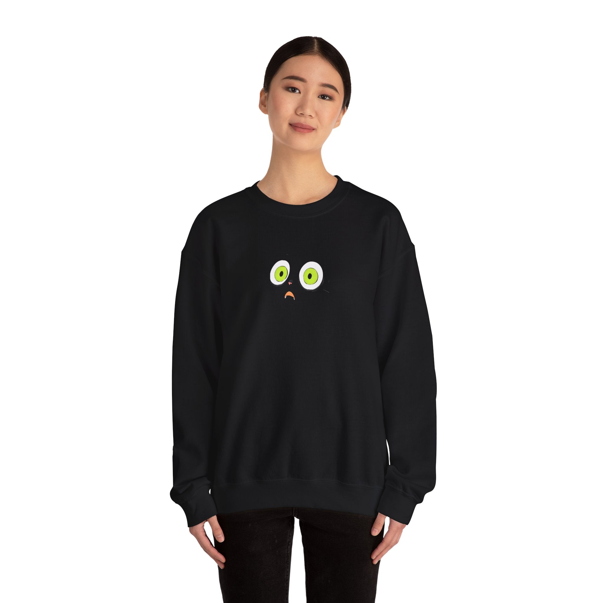 Black Crewneck Sweatshirt with Green Eyes Design - Sweatshirt