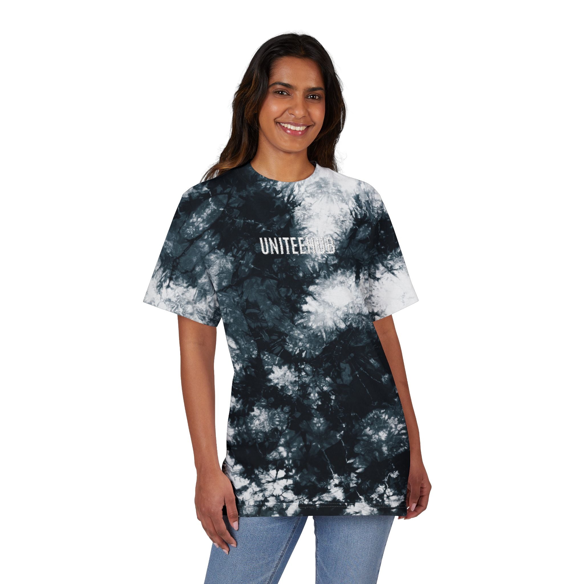 Person wearing a tie-dye t-shirt with 'UNITEEHUB' text on a white background