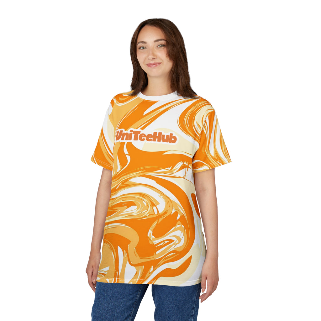 Women wearing a white t-shirt with an orange and yellow abstract design and 'UniteeHub' logo.