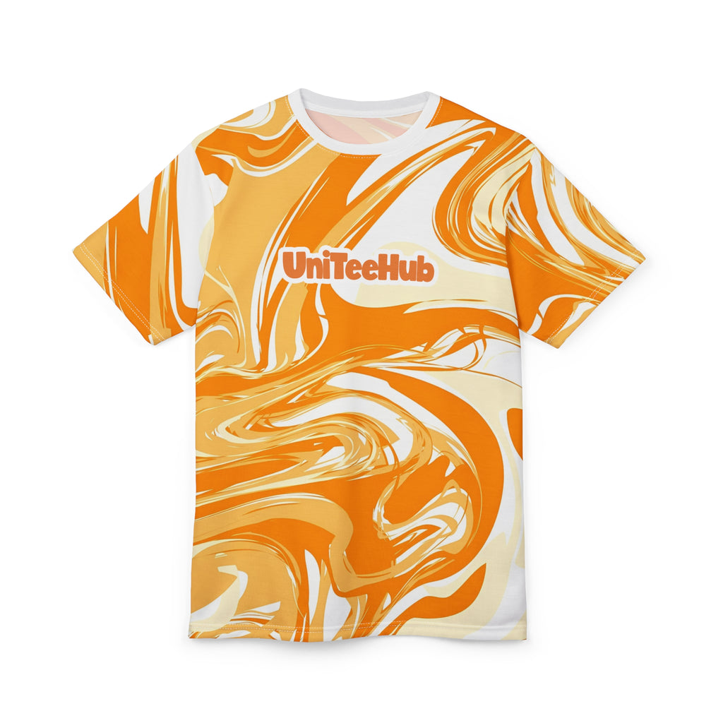 Orange and white marbled t-shirt with 'UniTeeHub' logo on a white background