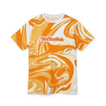 Orange and white marbled t-shirt with 'UniTeeHub' logo on a white background
