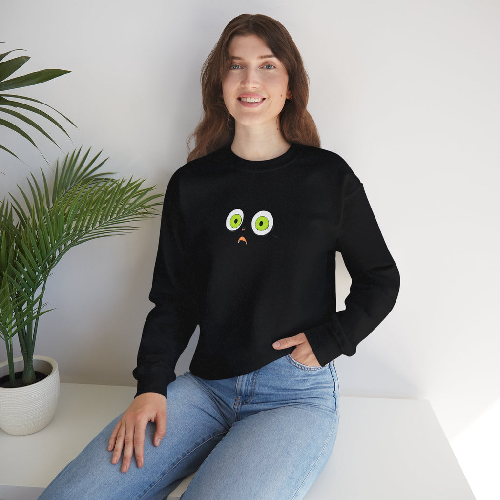 Black Crewneck Sweatshirt with Green Eyes Design - Sweatshirt
