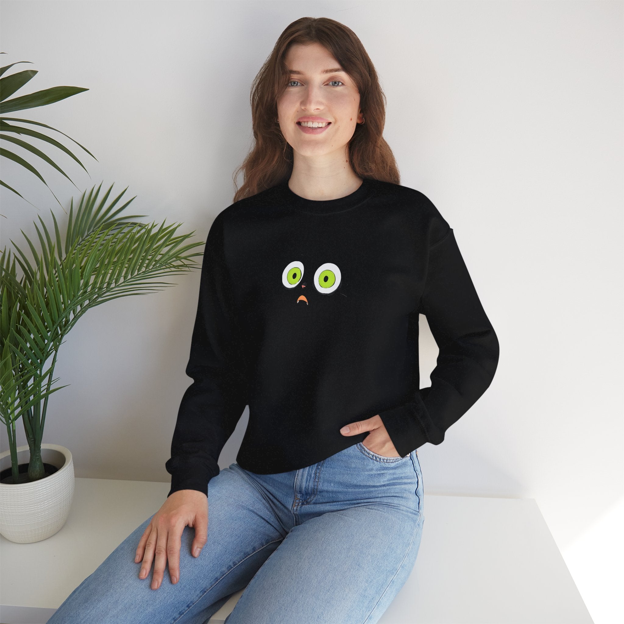 Black Crewneck Sweatshirt with Green Eyes Design - Sweatshirt