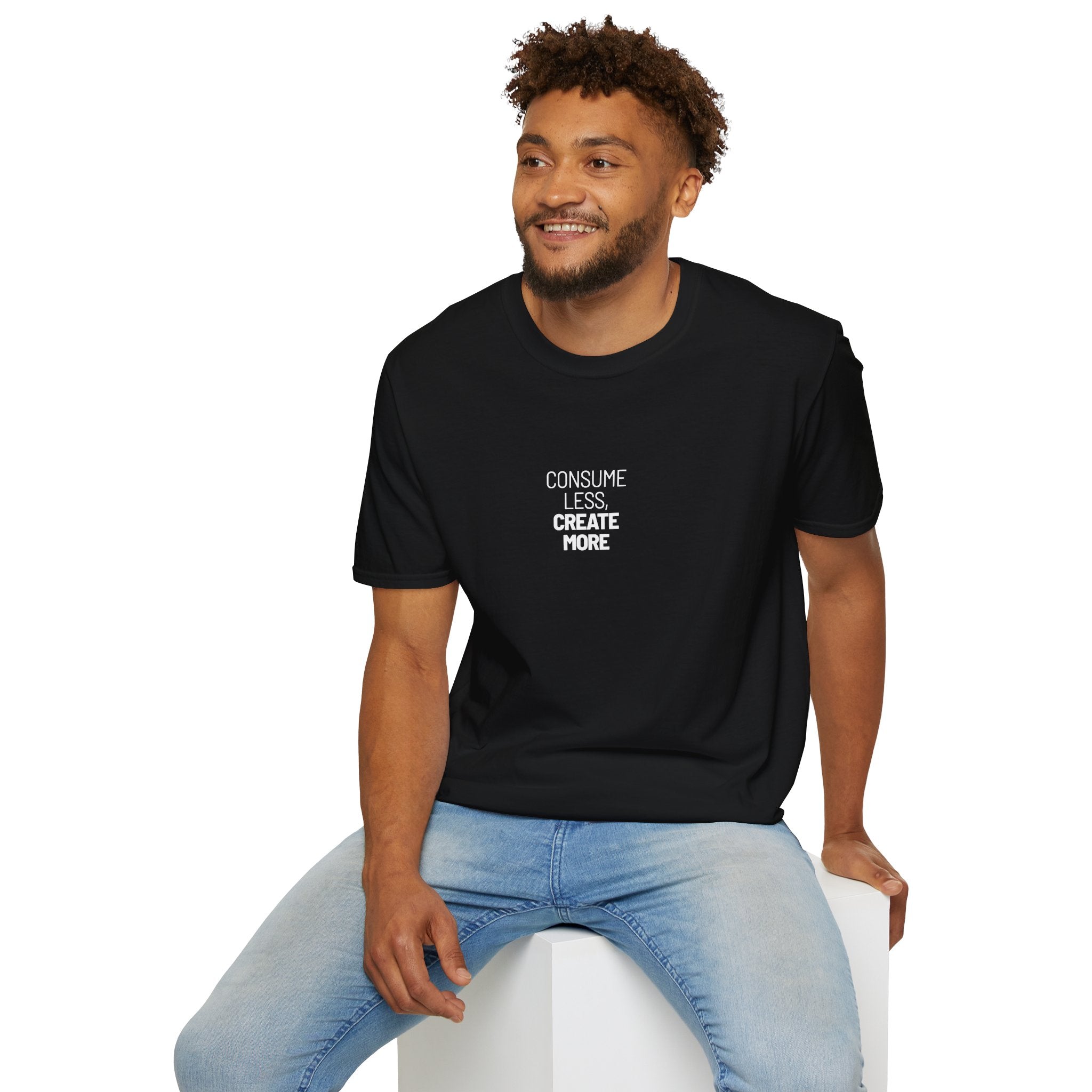 Consume Less Create More Black T-Shirt with ribbed collar - Black / S - T-Shirt