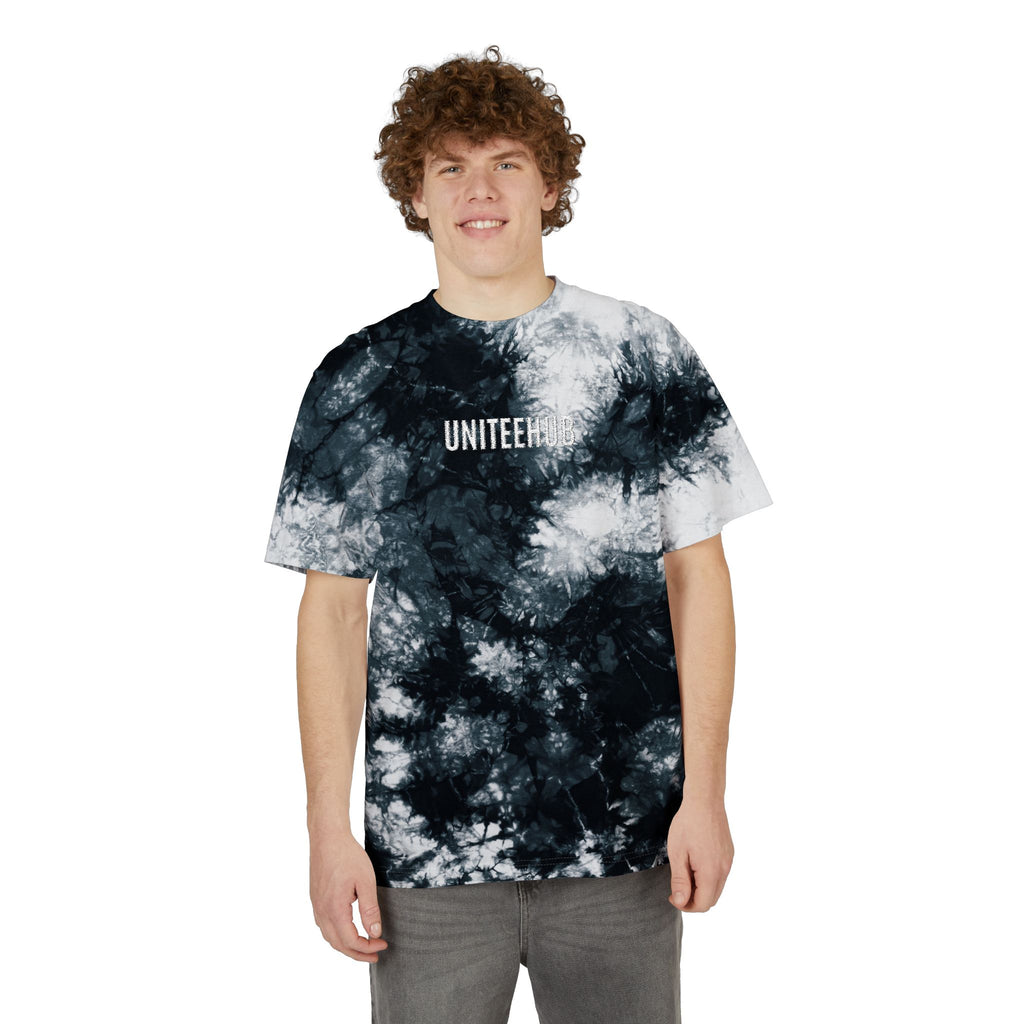 Person wearing a black and white tie-dye t-shirt with 'UNITEEHUB' text on a white background