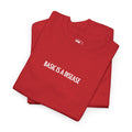 Folded red sweatshirt with 'BASIC IS A DISEASE' text on a white background