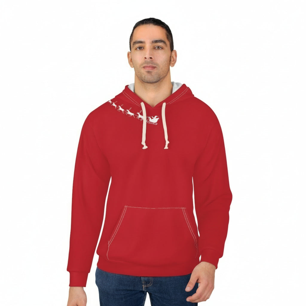 Red hoodie with white drawstrings and a small graphic on a white background