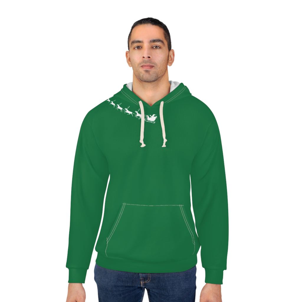 Man wearing a green hoodie with a white graphic on a white background