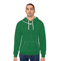 Man wearing a green hoodie with a white graphic on a white background