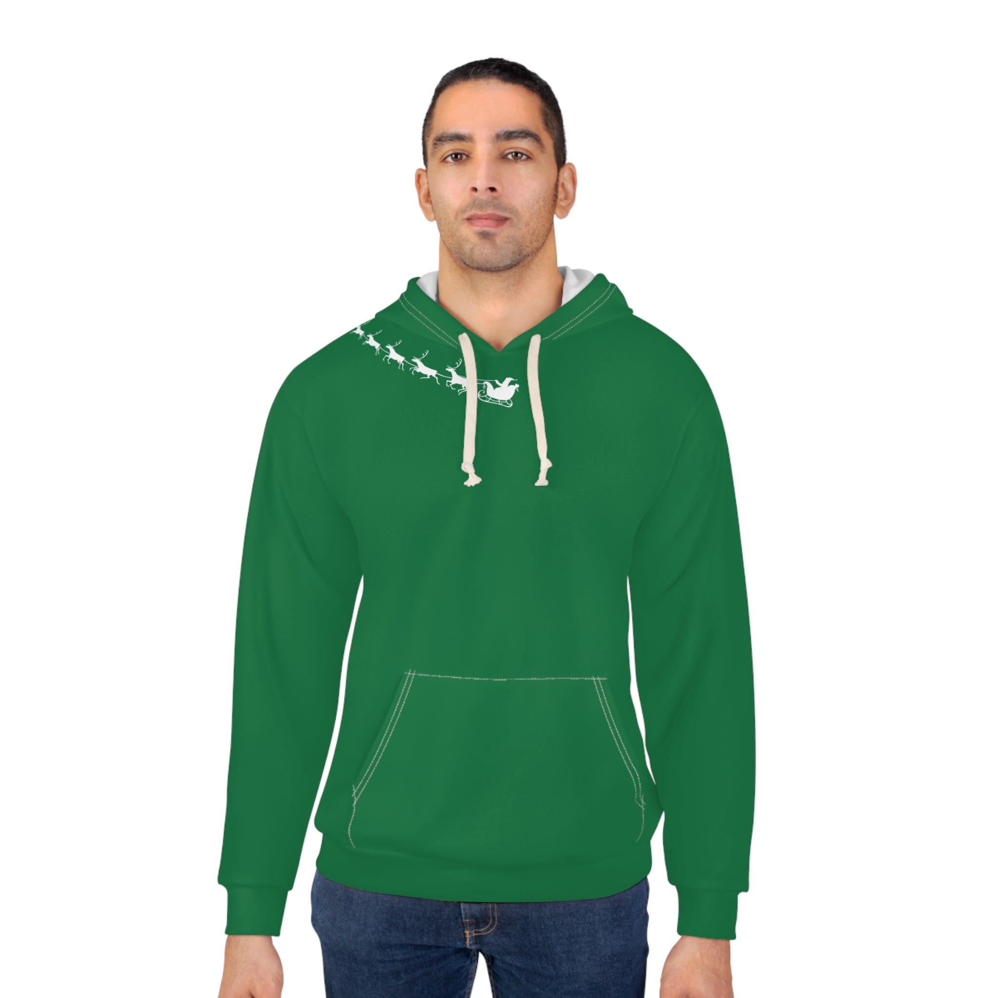 Man wearing a green hoodie with a white graphic on a white background
