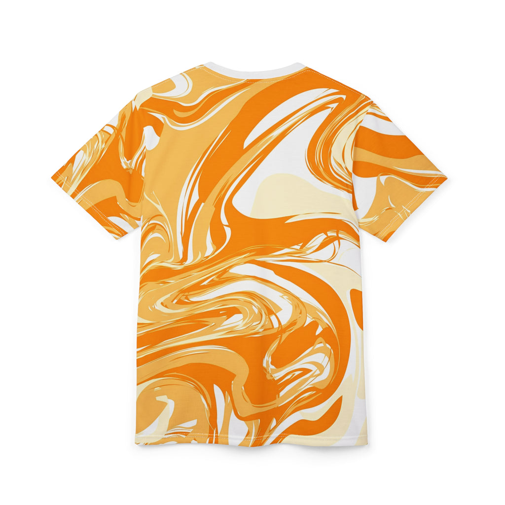 T-shirt with orange and white abstract pattern on a white background