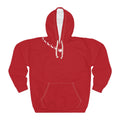 Red hoodie with white drawstrings on a white background