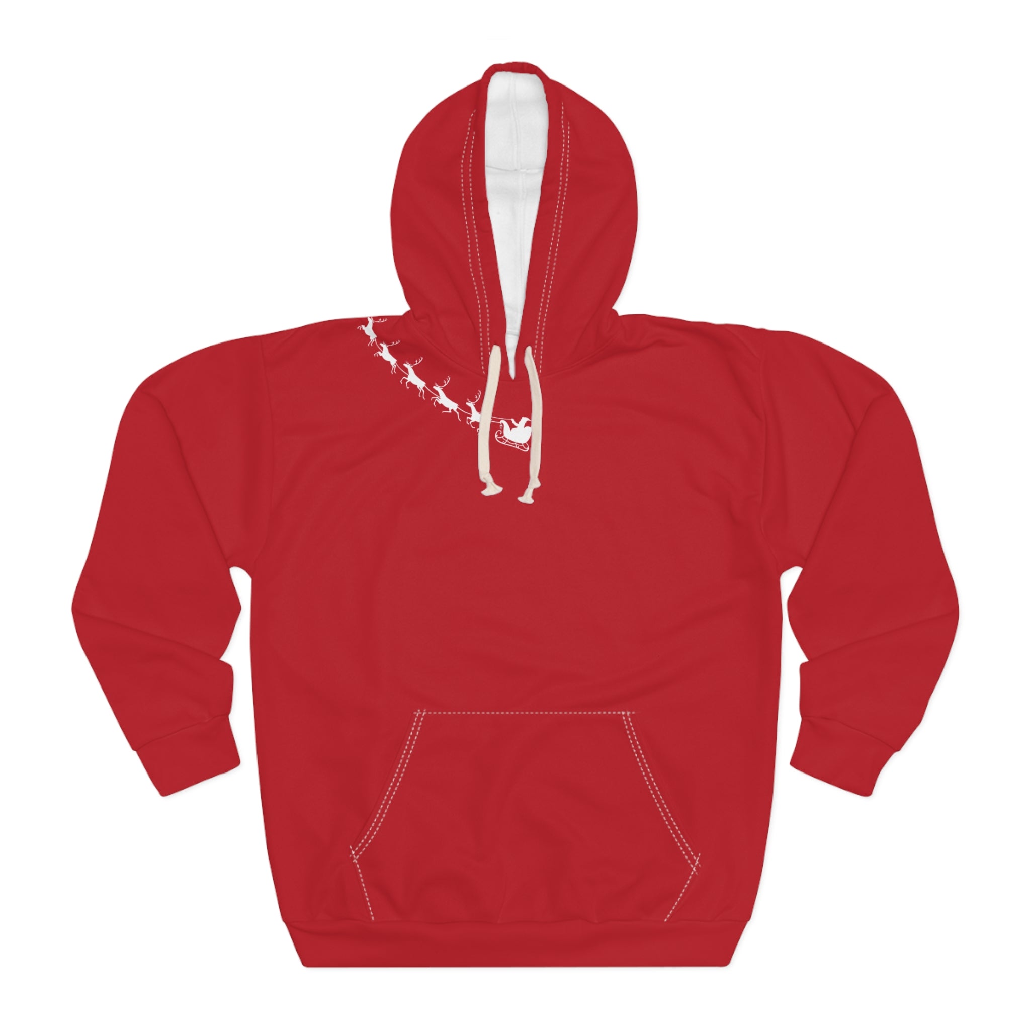 Red hoodie with white drawstrings on a white background