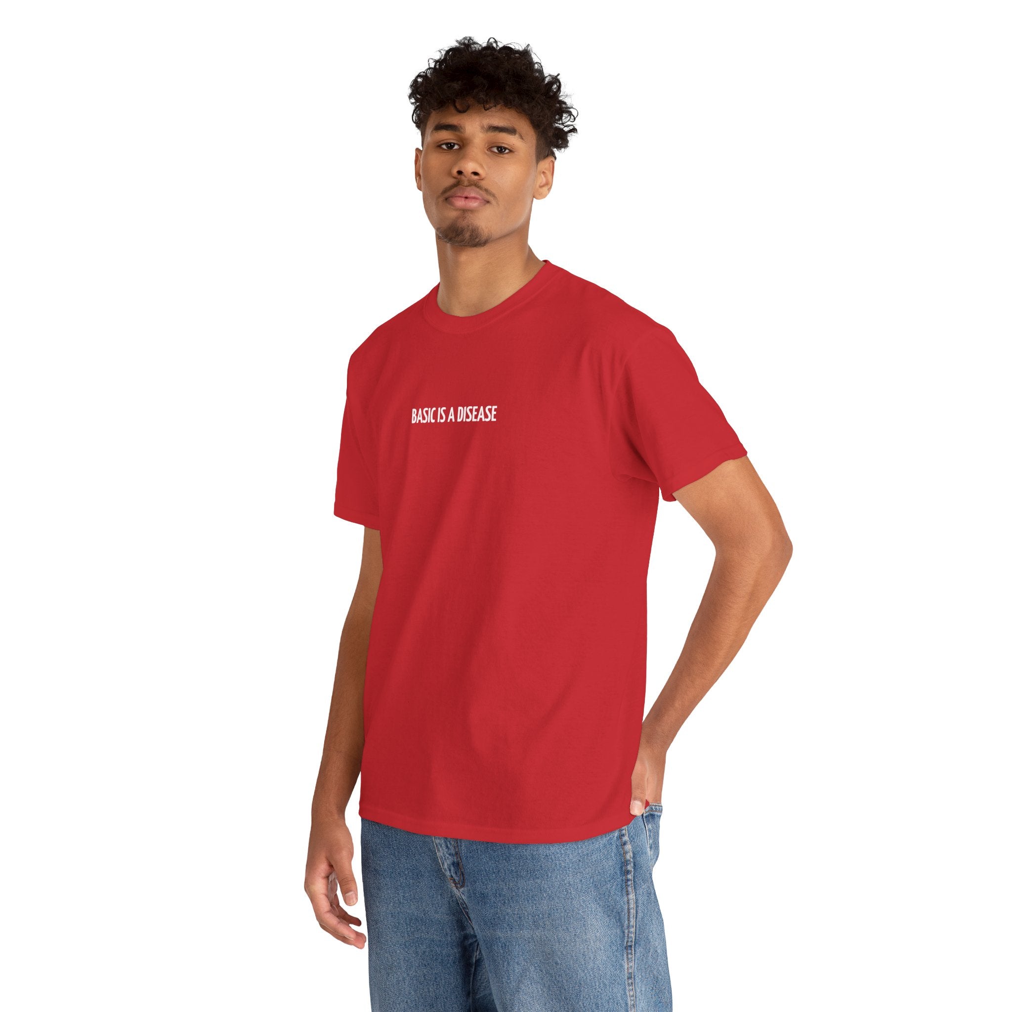 Person wearing a red t-shirt with text on a white background