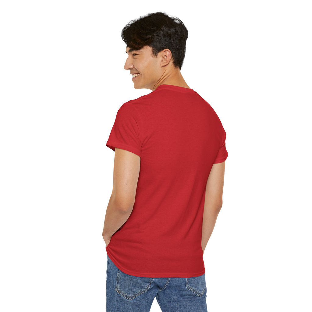 Person wearing a red t-shirt on a white background