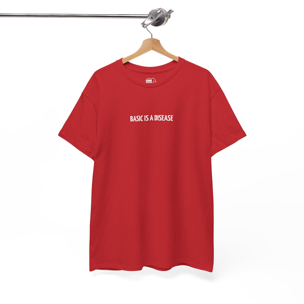 Red t-shirt with 'BASIC IS A DISEASE' text on a hanger against a white background