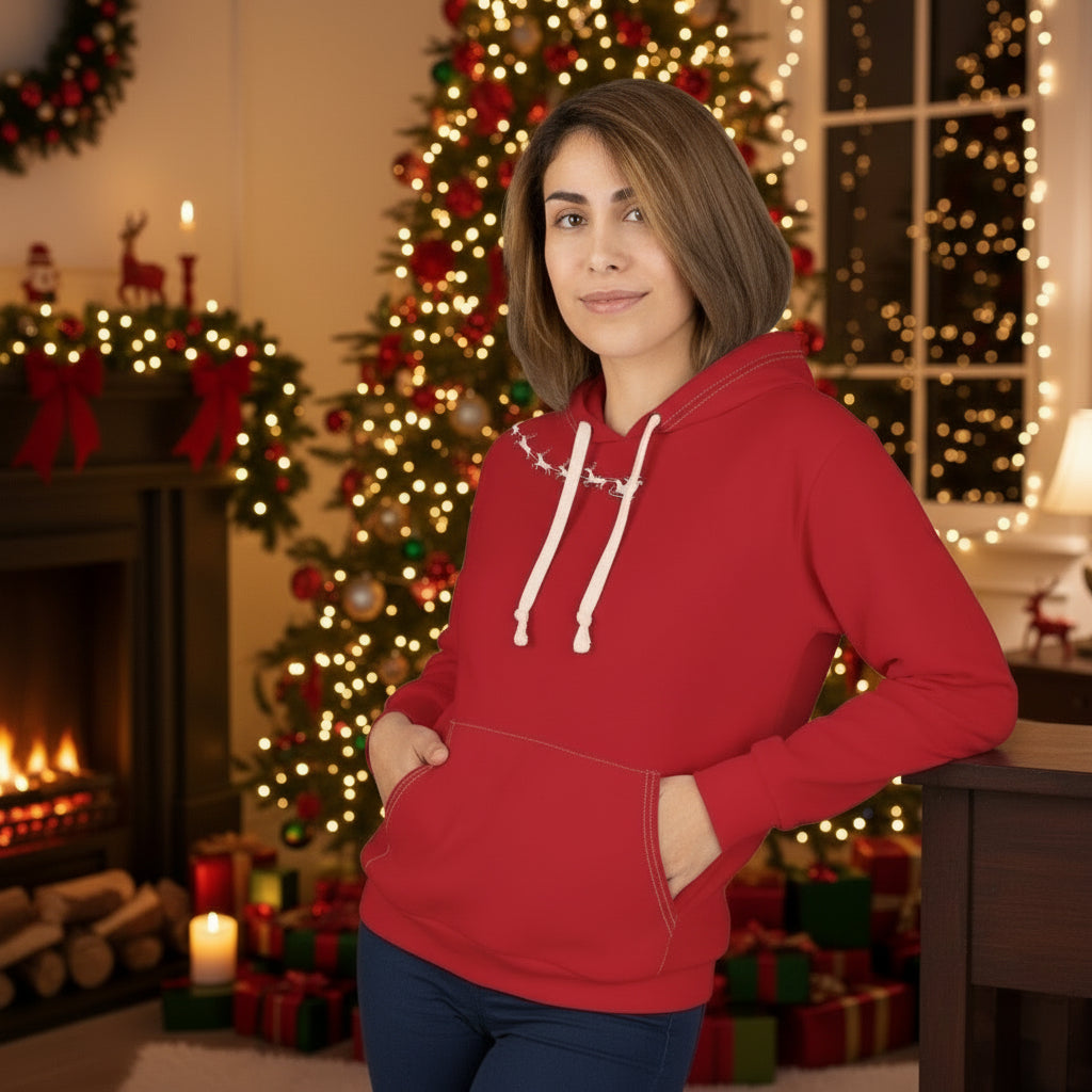 Person wearing a red hoodie with white drawstrings on a white background