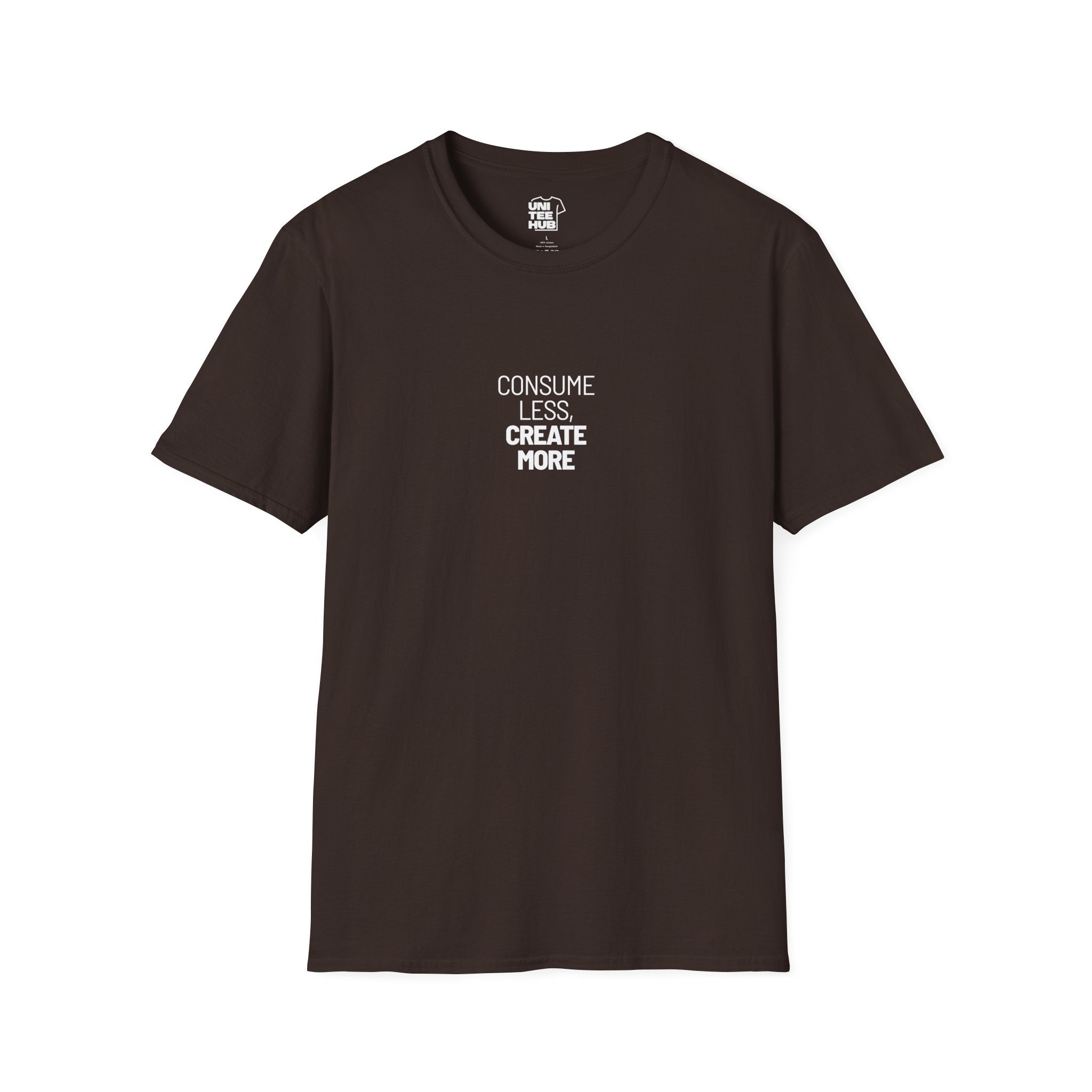 Consume Less Create More Black T-Shirt with ribbed collar - Dark Chocolate / S - T-Shirt