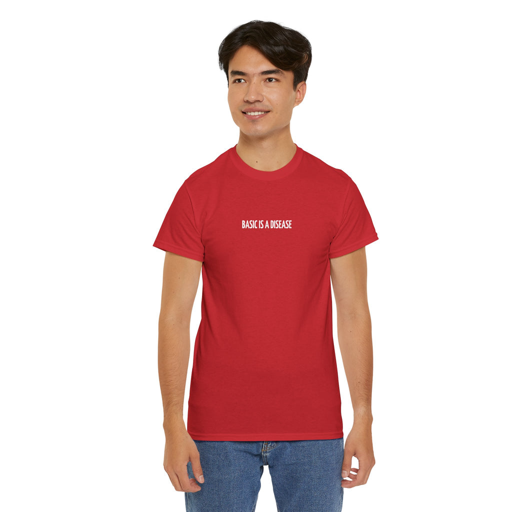 Person wearing a red t-shirt with text on a white background