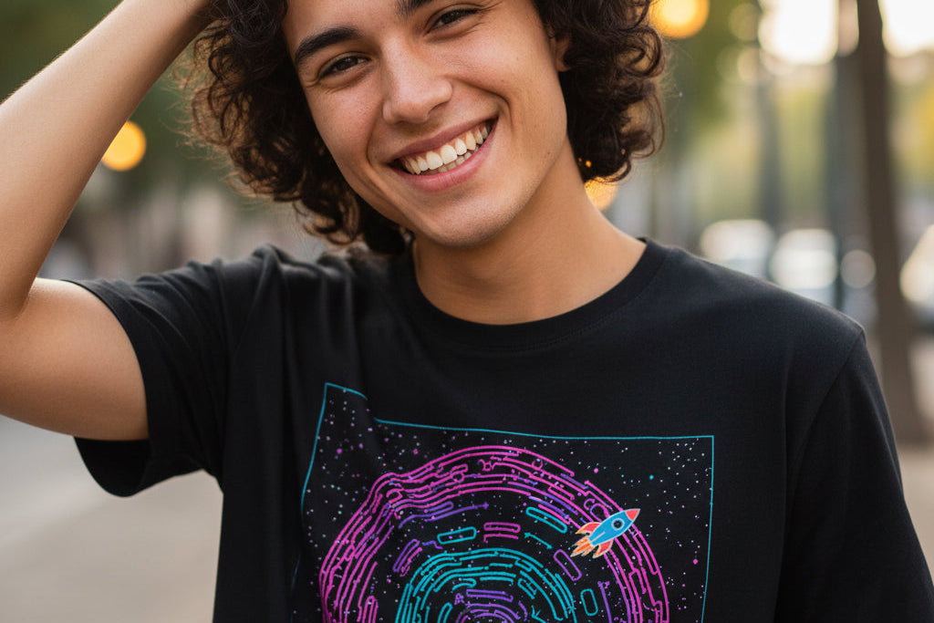 Person wearing a black t-shirt with a colorful design outdoors