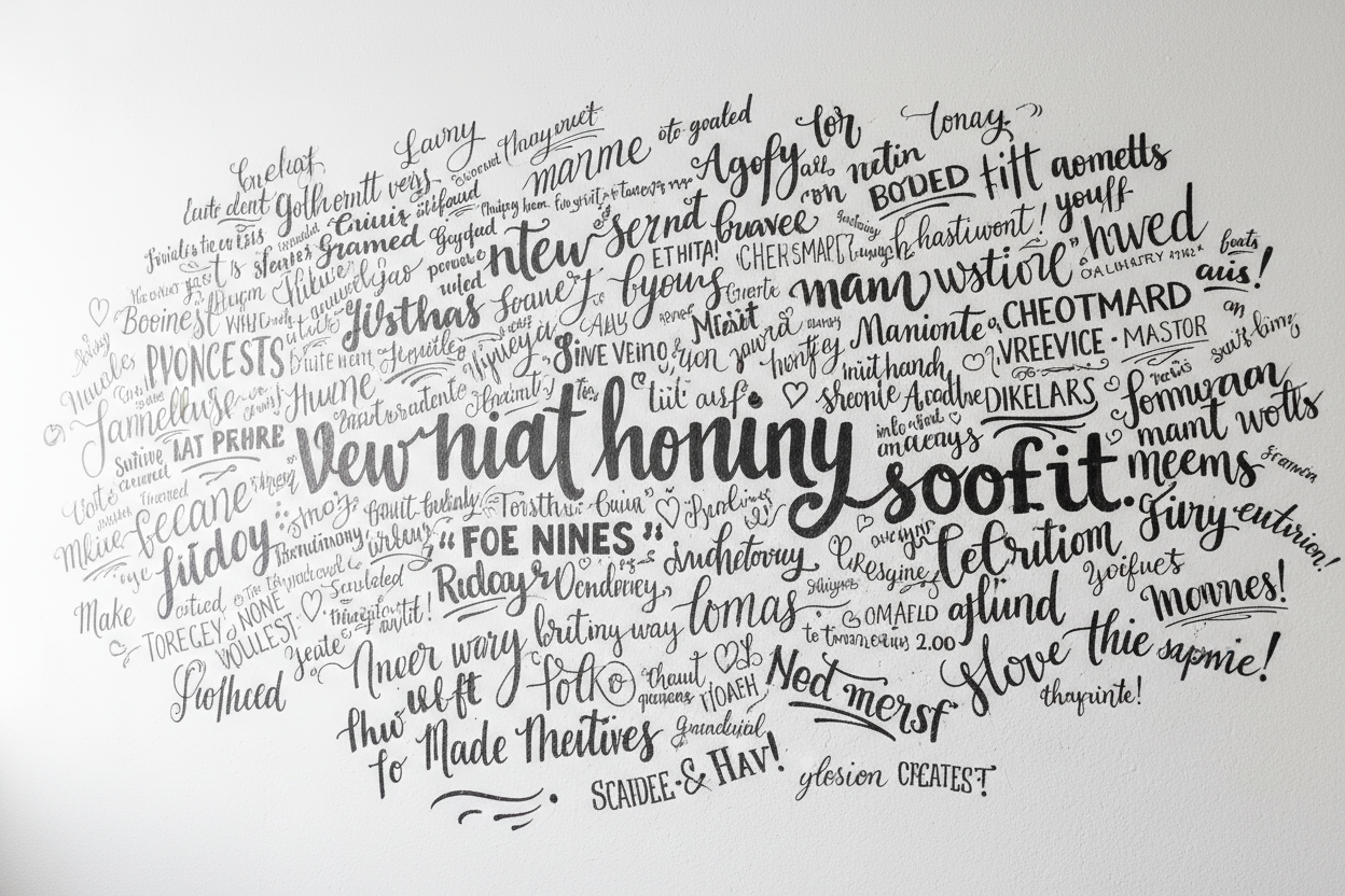 A hyper-realistic bright fresh white wall filled with written quotes in balck color.